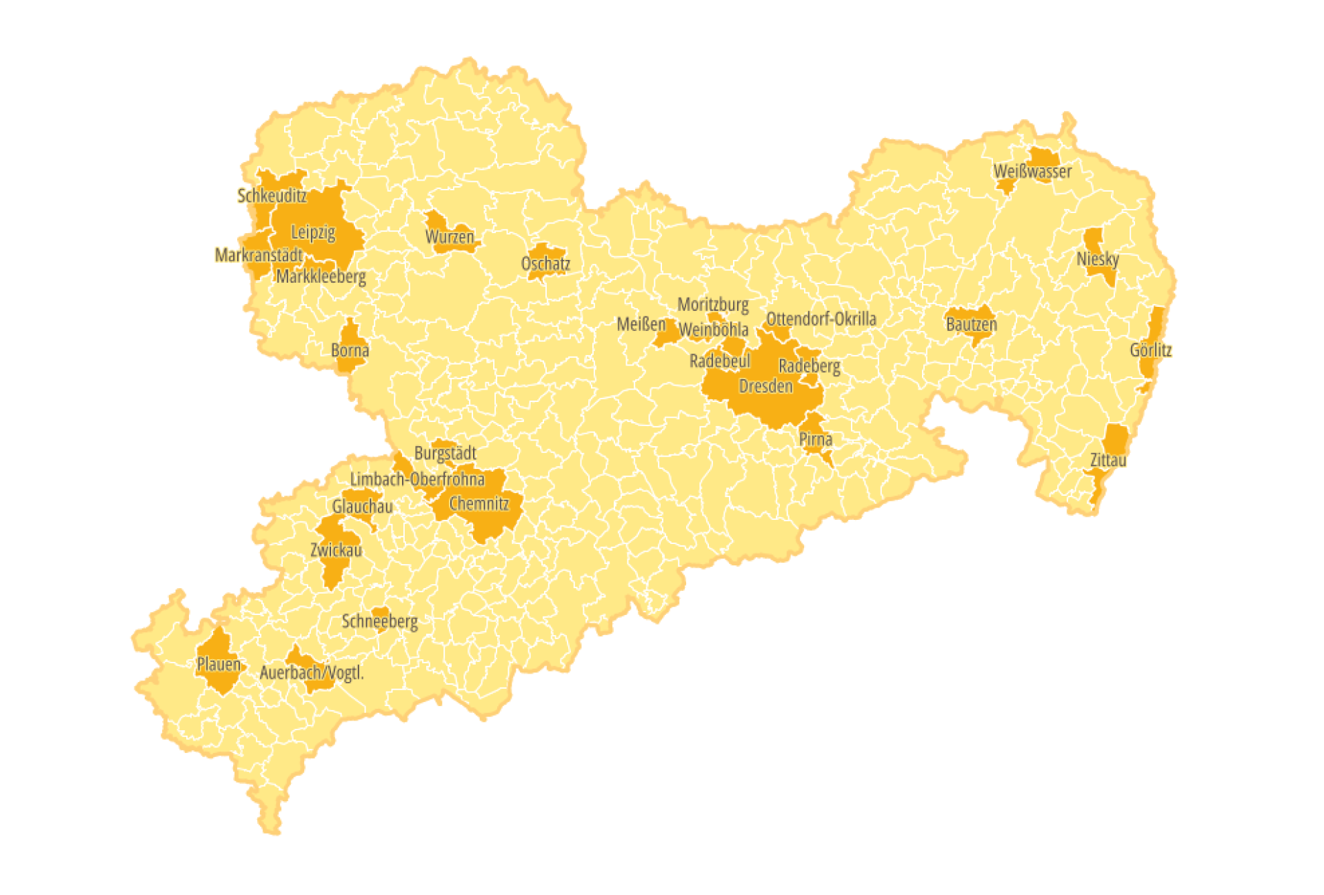 Sachsen-Karte auf der die Flächen der Mitgliedskommunen hervor gehoben sind.