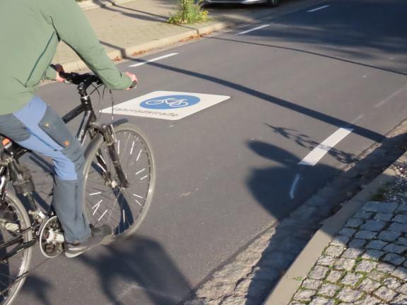 Ein Fahrrad fährt auf einer Straße auf der das Symbol Fahrradstraße aufgetragen ist.